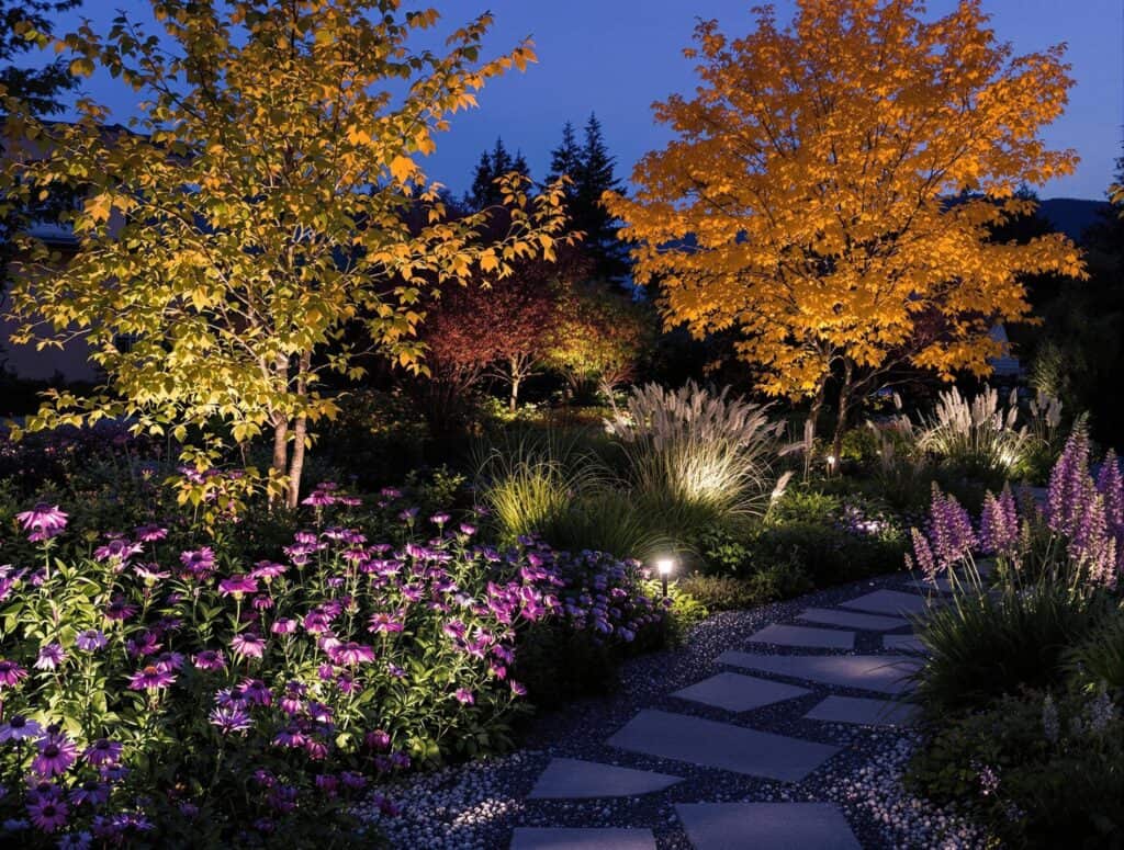 Warm landscape lighting illuminating a garden and pathway in a Bozeman yard at night