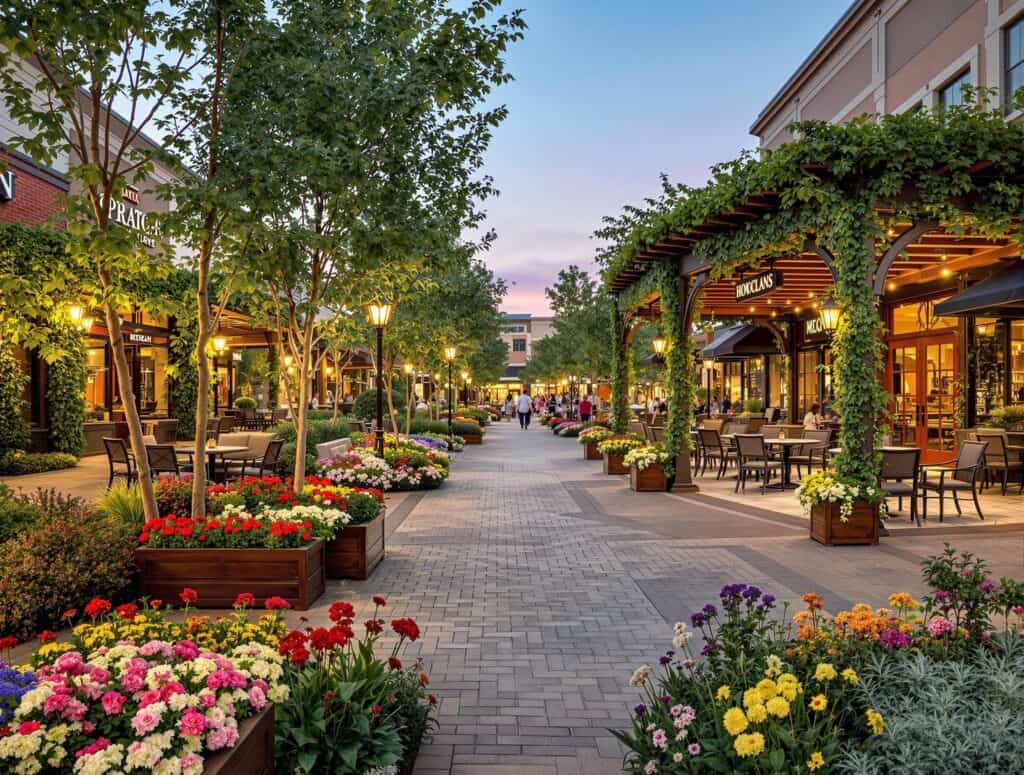 Retail landscape featuring vibrant flower beds, tree-lined walkways, outdoor seating areas, and ambient lighting, designed to attract foot traffic and enhance customer experience.