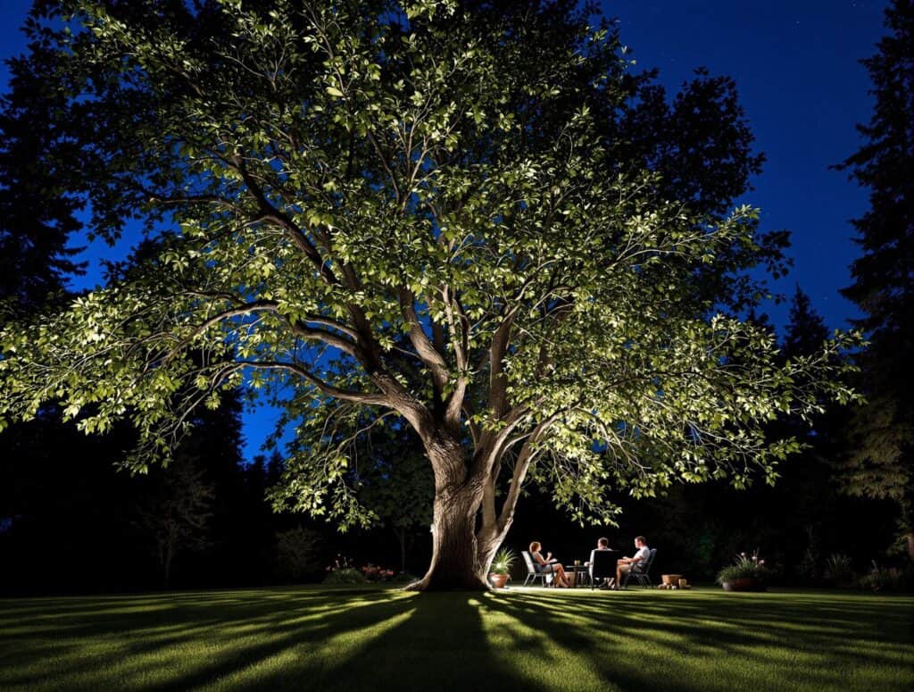 Landscape lighting illuminating trees in a Bozeman backyard after dark