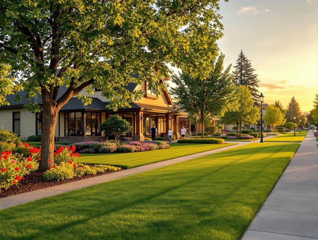 Lush residential landscape featuring well-maintained lawns, vibrant flower beds, and trees lining a peaceful sidewalk, illustrating the benefits of professional landscaping for enhancing property appeal and functionality.