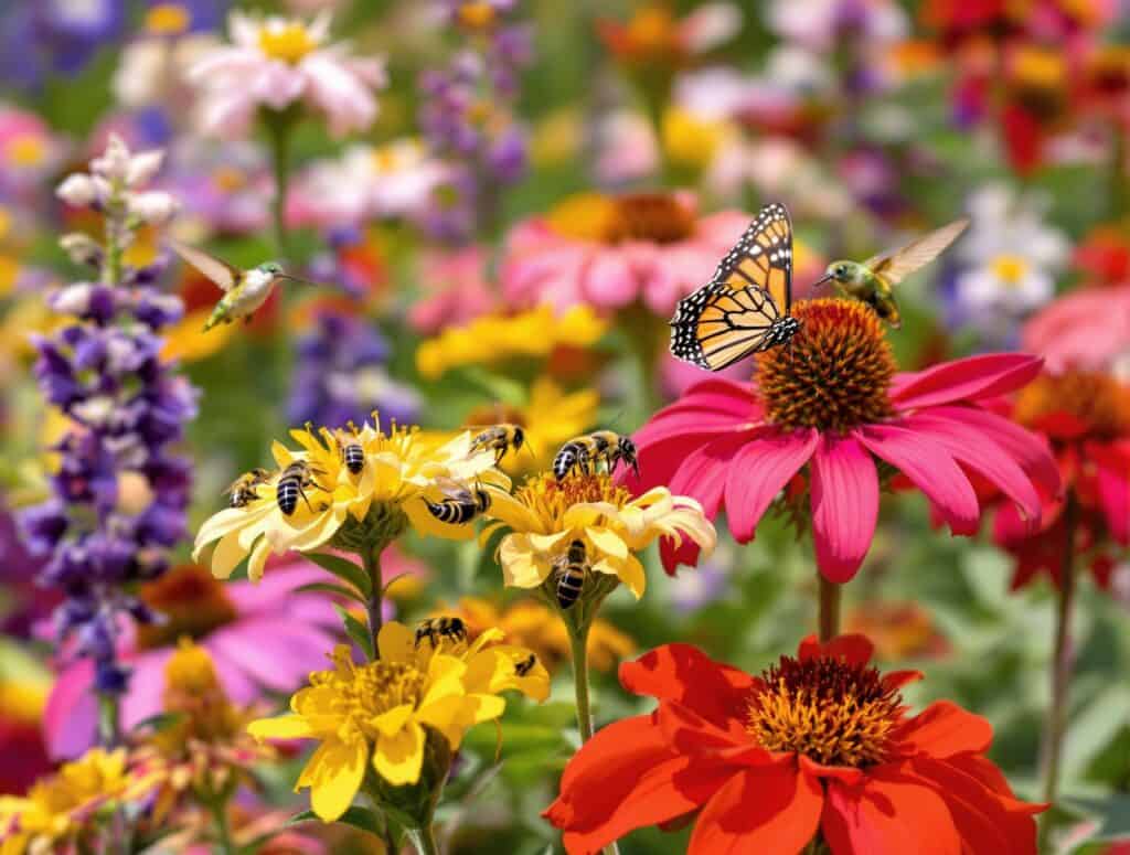 Colorful native wildflowers in a sustainable Montana landscape garden