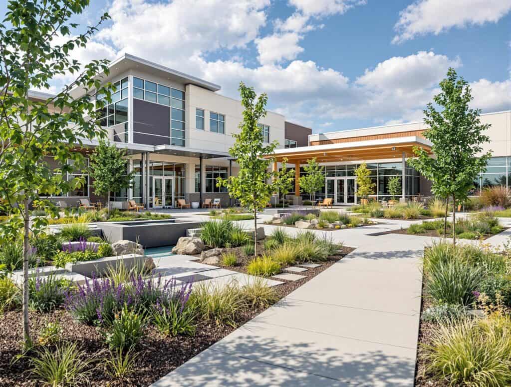 Commercial landscape design featuring a modern building with large windows, surrounded by manicured gardens, pathways, and decorative rocks, emphasizing professional landscaping for enhanced business appeal.