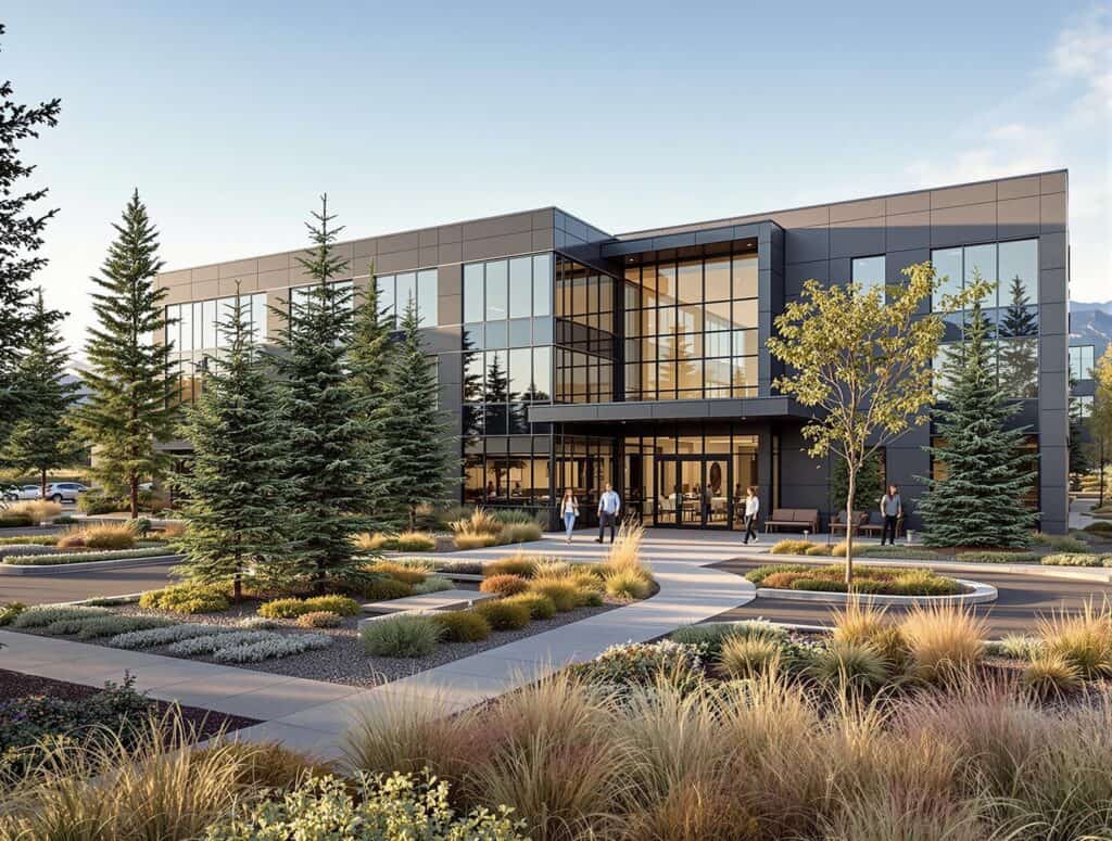 Modern office building with landscaped grounds featuring trees and colorful plantings, enhancing workplace aesthetics and employee experience.