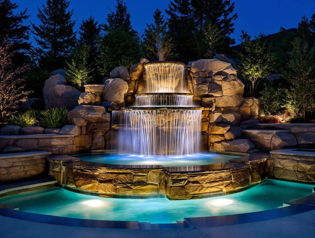 Illuminated water feature at dusk in a sustainable Montana landscape