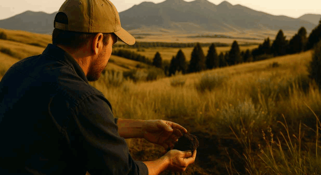 Landscape designer examining soil in a Montana field at sunset, preparing for outdoor living and native landscaping design.