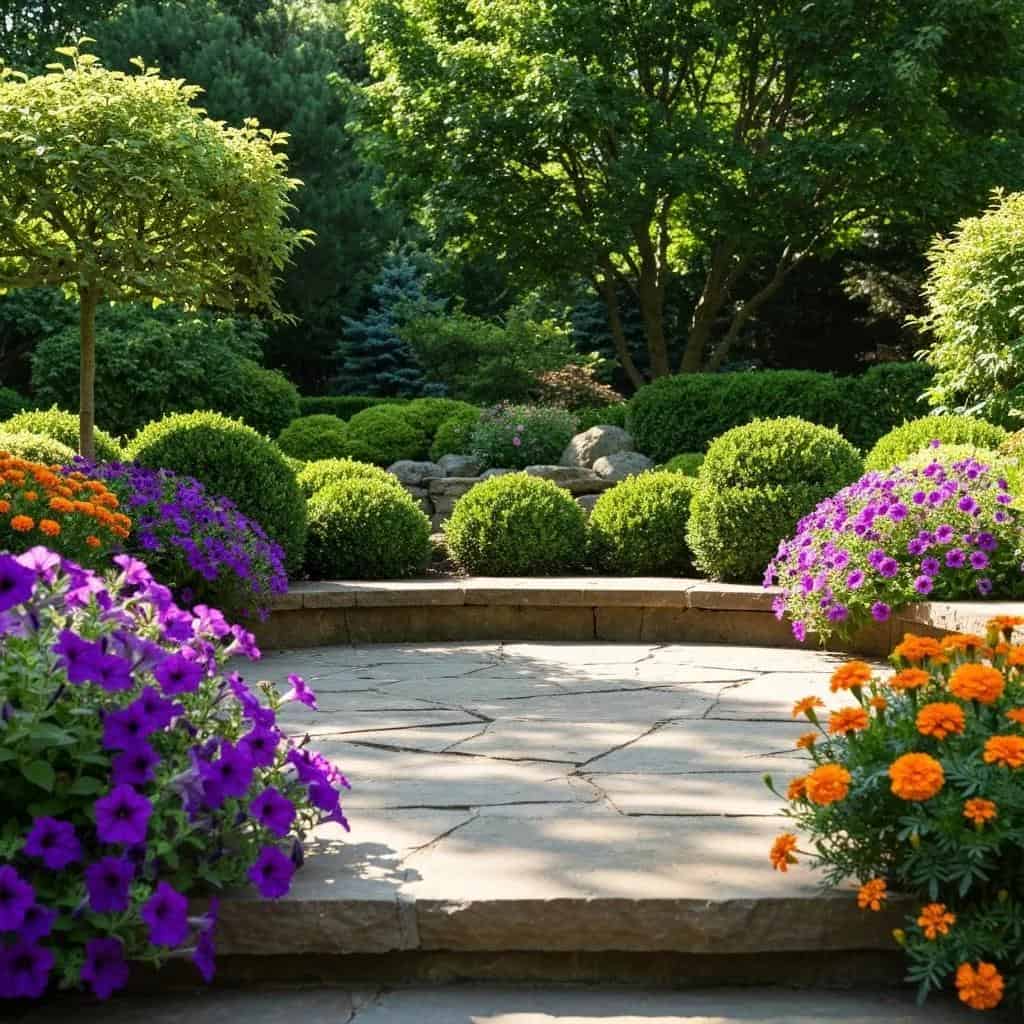 Close-up of a natural stone patio in a Montana garden, showcasing unique textures and surrounding greenery