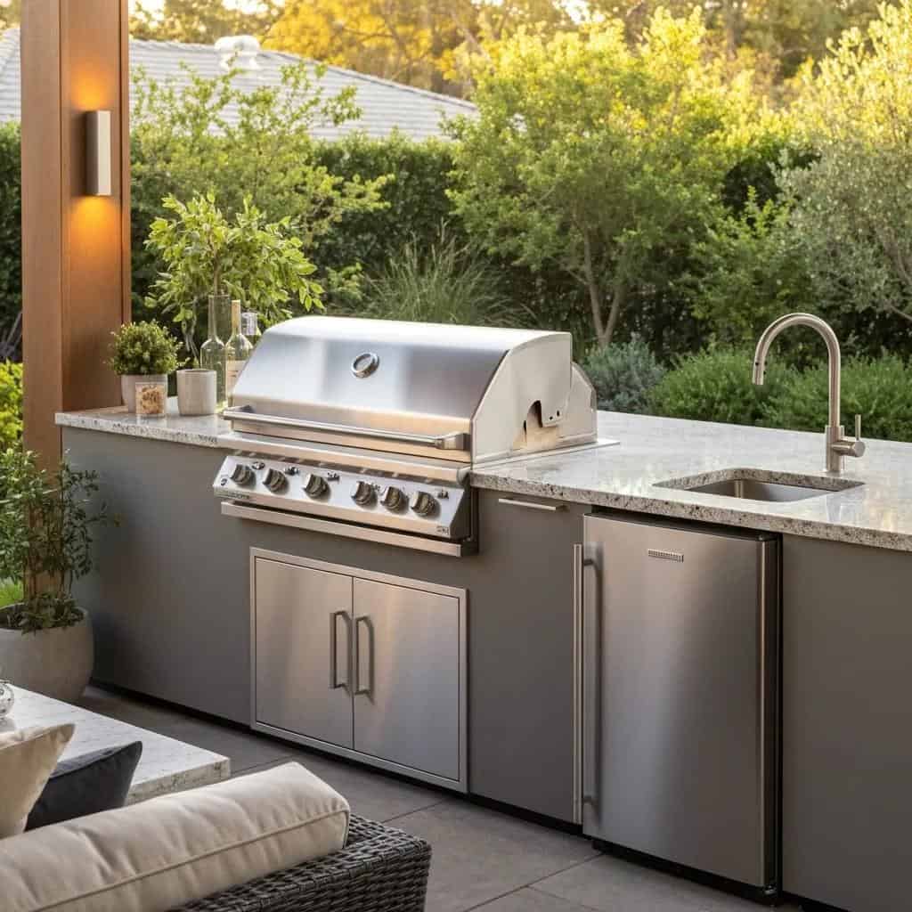Stylish outdoor kitchen in Montana garden with weather-resistant appliances and cozy seating under a pergola